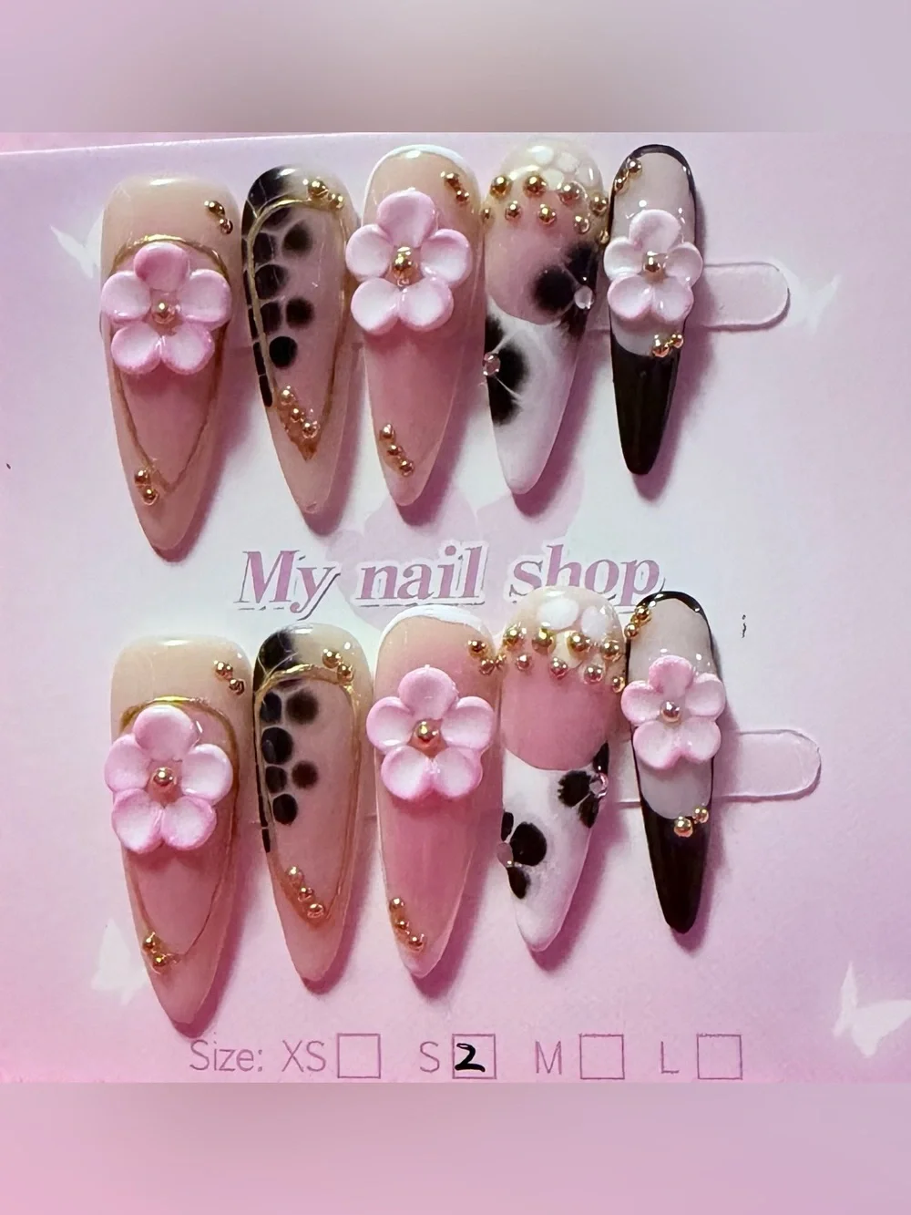 Pink Floral Stiletto Press-On Nails with Gold Accents 3d flower